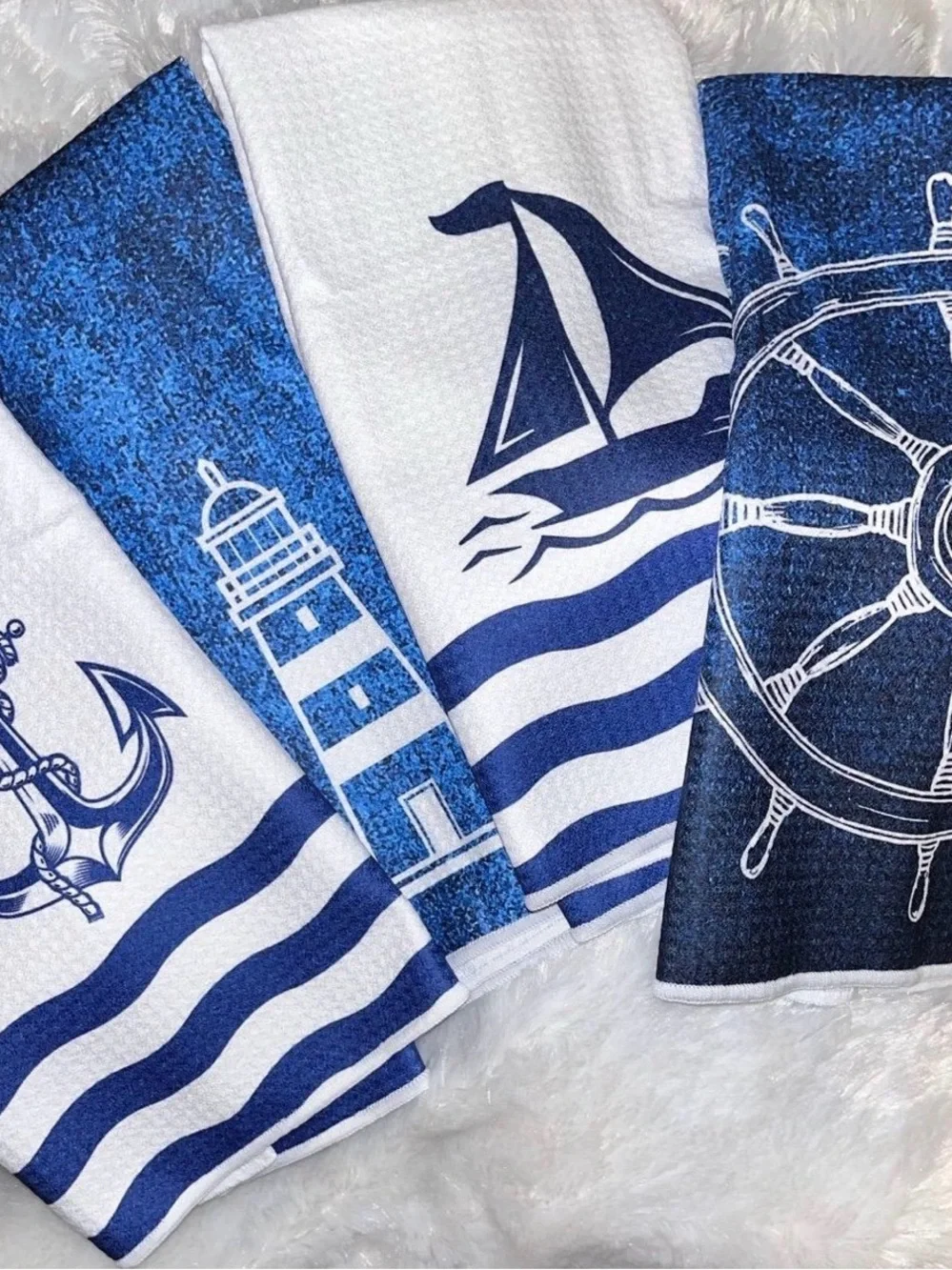 Nautical Cotton Kitchen Towels - Blue & White (Set of 4)